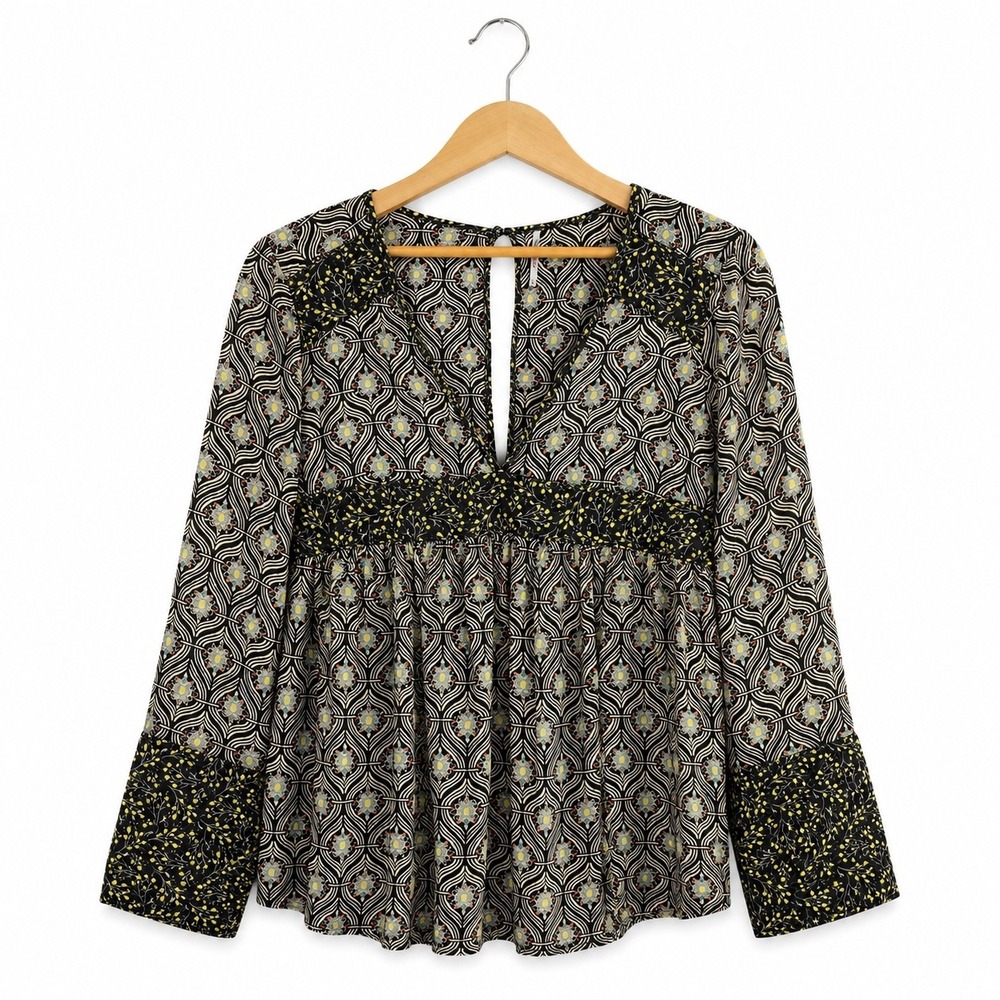 Free People Black Geometric Floral Babydoll Blouse V-Neck Keyhole Back Small